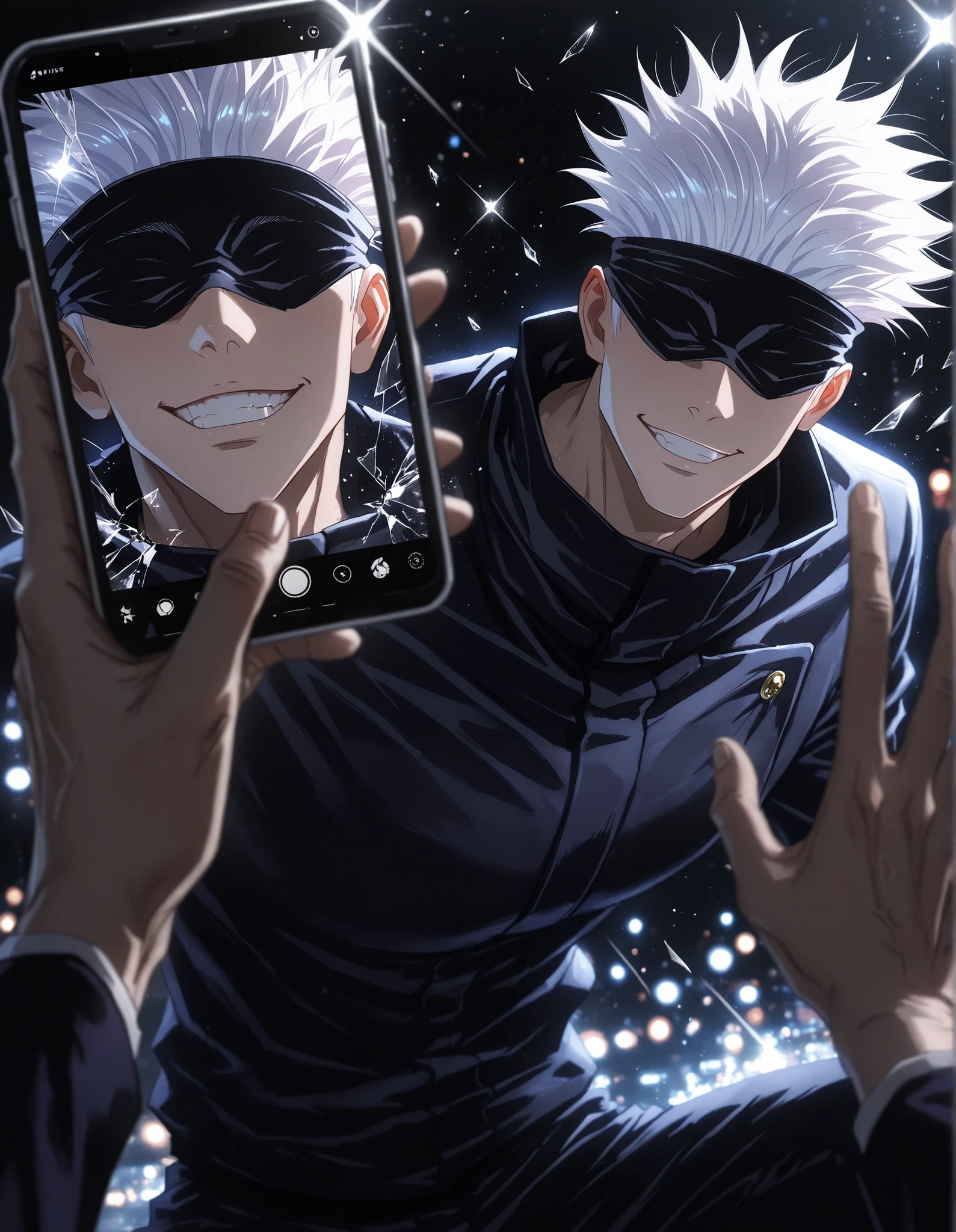 1man, adult, male focus, gojou satoru, jujutsu kaisen, white hair, short hair, black blindfold,  muscular male, sexy man, handsome man, handsome face, mature, jujutsu tech uniform, black jacket, black pants, lehnt sich nach vorn durch den telefonbildschirm hindurch, legs inside phone screen, (breaking fourth wall, screen break:1.2), (emerging out of phone screen:1.5), , grin, pov, pov hand, pov holding phone, glitch effect, electric wave trails, interface shards, glass, glass shattered,  [silver theme|blue theme], dark theme, black background, Glowing_Lights, glowing_light, glowing, glowing_effect, sparkling, particles, sparkle_effect, light_particles, glitter, glitter_effect, bokeh, light_bokeh, light_reflection, cinematic lighting, cinematic shadows, cinematic,