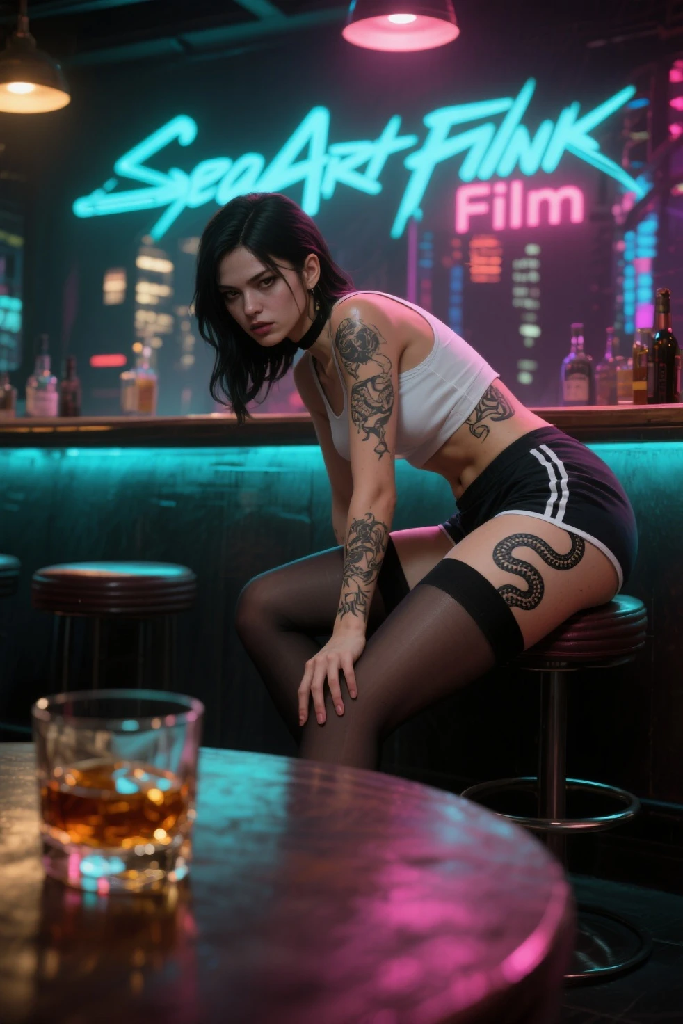 score_9, score_8_up, score_7_up, score_6_up, score_5_up, score_4_up, masterpiece, best quality, absurdres, canon eos 5d mark iv, highly detailed, (photorealistic, realistic skin), (raw photo), smirk, 1girl, a beautiful woman,(Rey Skywalker from Starwars), (laying on bar, ass on the side)1.3, (black lace stockings), fair skin, night, neon lights, nightclub, crowded, detailed face, intricate details, naturalism, hyper-detailed, hyper-realistic, (tight bandeau top), (abs:0.4), diamond bracelets, diamond jewelry, (diamond choker)1.2, (huge natural breasts)1.3, (grabbing her breasts)1.2, dark-blonde hair, beautiful eyes, looking at viewer, BREAK black microskirt, (showing highleg thong cameltoe), (black garters black lace stockings)1.3, (red high heels stilettos), tight ass, long toned legs, wide hips, (laying, ass on the side, legs on the side)