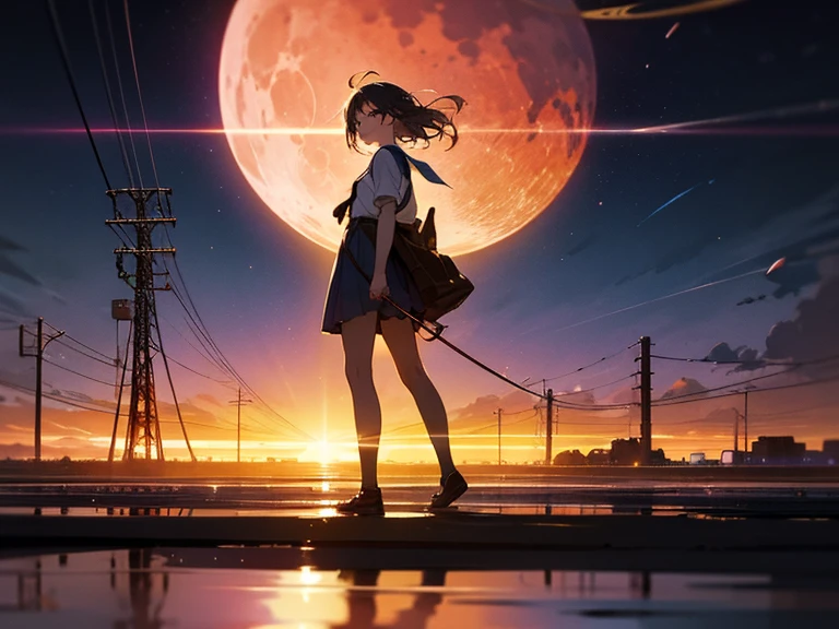 (masterpiece, best quality, detailed, vibrant colors), fantastical, 1girl (solo), (knight), bob hair with bangs, black hair, breasts, small size, yellow eyes, tanned skin, nude, full body, kneeling, sad, tears, outdoors, battlefield, (blood:1.1), tired, exhausted, windy, backlight, tragic, dramatic, (night), white moon, moonlight, thunderstorm, lightning, clouds, blood pond, wrenchsfantasy, fantasy, glowing
