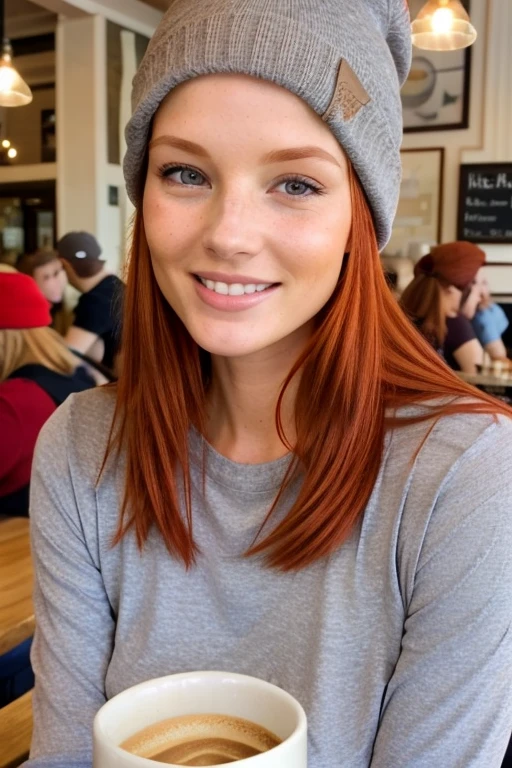 young woman with red hair, green eyes, medium size breasts, wearing tight winter clothing, playing with a dog, smiling, hair as messy ponytail, most realistic skin texture, style raw, picture taken with canon eos 3 and kodak gold 400