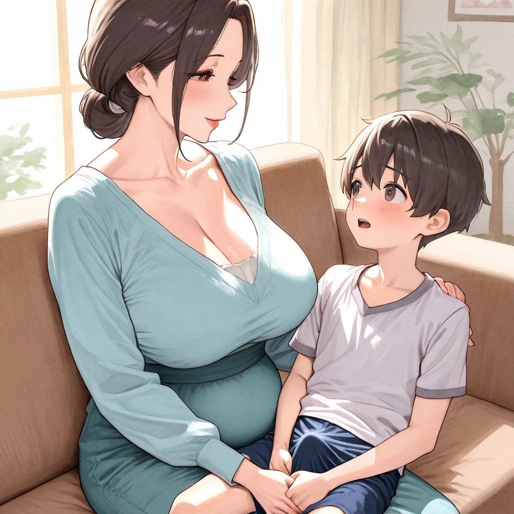 madre adulta, lenceria en casa, with his little son, hijo mirando sorprendido. erec