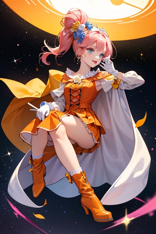For apparel, Spica wears a short-sleeved yellow v-neck dress with puffy shoulders. Her skirt line is bell-shaped wide and trimmed around with triangle skirt flairs with yellow bead tips, similarly that of a jester's top. Her waist is tied around to the back with a pink ribbon with long strands. She wears purple stockings and pink fairy shoes. SPARKLE; GLITTER