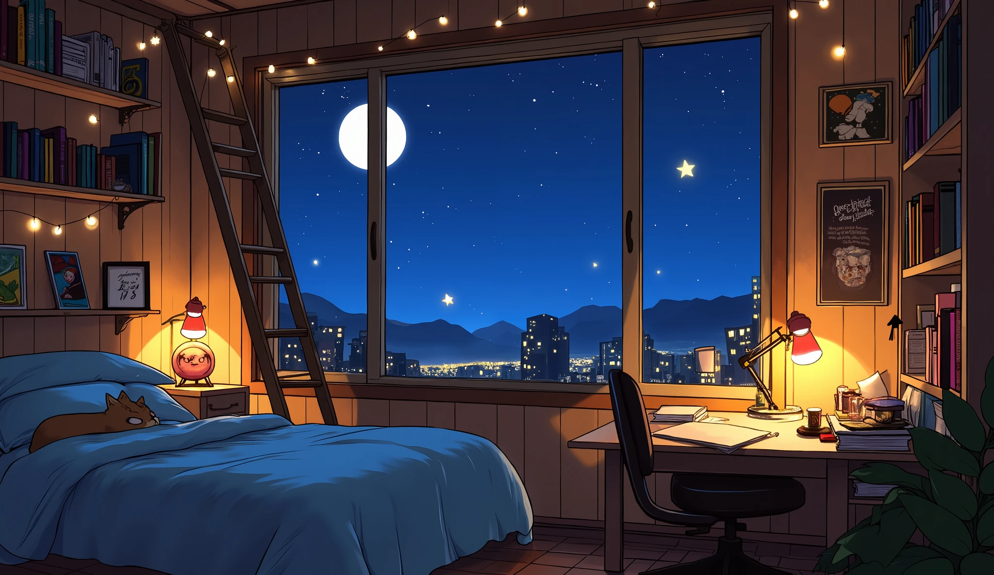 The image evokes a serene and comforting atmosphere, centered in a cozy bedroom with large windows revealing a night sky dotted with stars. The room is warmly lit, primarily by string lights and desk lamps that cast a gentle glow over the wooden floors and shelves filled with books and knick-knacks. A ladder leads up to a loft, adding a whimsical touch. On the bed, a small cat peacefully sleeps, adding to the tranquility. The desktop on the work table is dimly lit, surrounded by stacks of books, a mug, and assorted stationery, suggesting it's a space for late-night creativity or relaxation. The dominant colors are deep blues and warm browns, establishing a soothing ambiance perfect for restful nights.