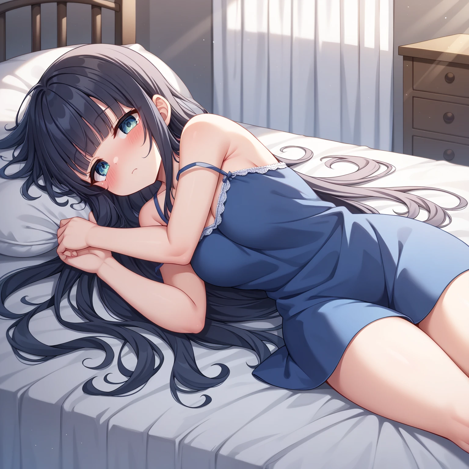 high quality, 最high quality、 Stylish design, (((The cutest girl))), ((Thin legs))、(((最high quality))), High resolution, ((detailed)), ((masterpiece)), ((Super detailed)), 17-year-old girl、Black Hair、Inner Color、((Lying on your back in bed)),((Sexual))
