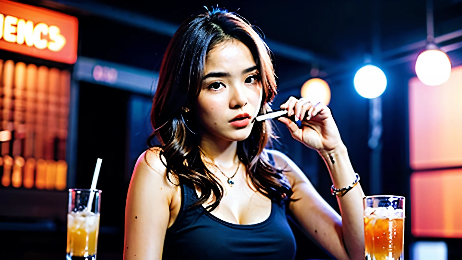 Make me a realistic illustration of an 18 year old girl with a beautiful face wearing a tank top and big  and holding a cigarette sitting at a nightclub table full of drinks with a nightclub background