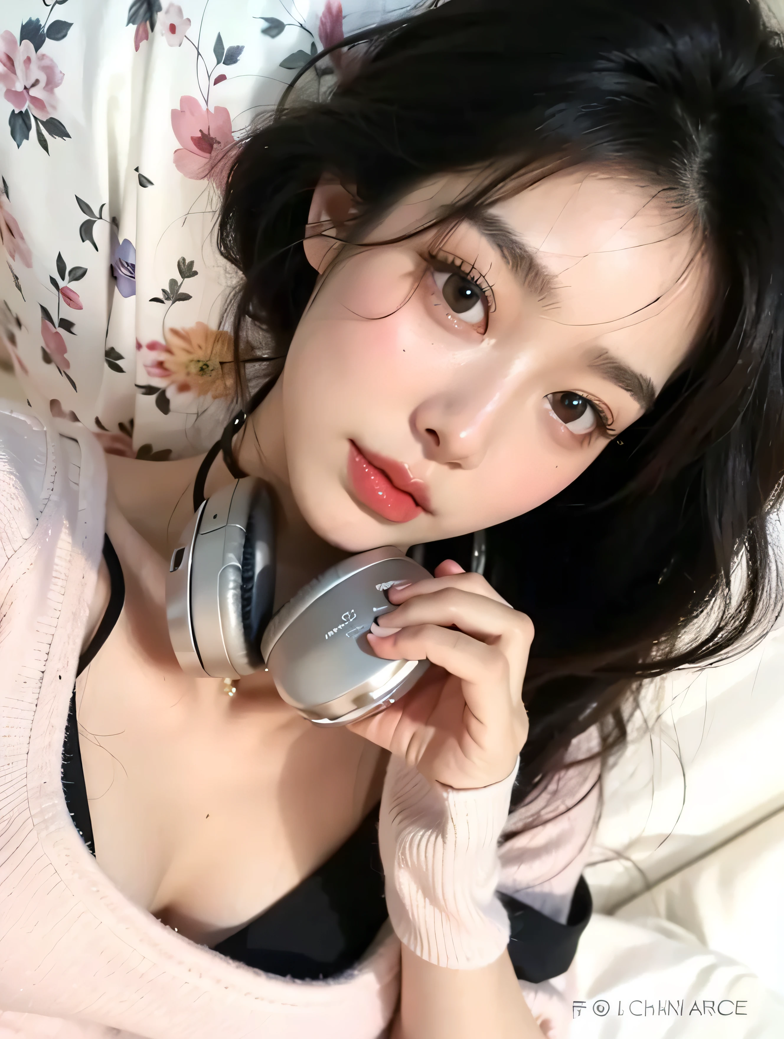 there is a woman con auriculares on sitting down and listening to music, ulzzang, muchacha coreana, guweiz, sakimichan, lindocore, con auriculares, hermosa mujer surcoreana, labios claros y de alta calidad, chica joven y linda, con auriculares, con cara linda - fina, pale milky white porcelain skin, chen xintong