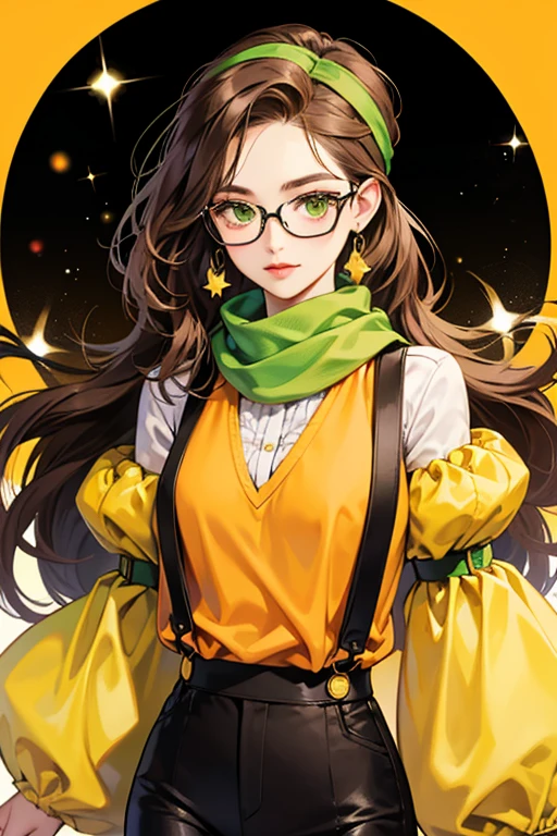 Magic Woman has light green skin and dark brown hair. Her outfit consists of a yellow dress that seems to have ripped sleeves and a ripped hem, black rounded glasses, a pointed yellow hat with a blue ribbon tied around it, and a red knapsack. Her footwear, a pair of boots, are two different colors (One is magenta, while the other is purple.). She also has a small brown sack tied to her arm. SPARKLE; GLITTER