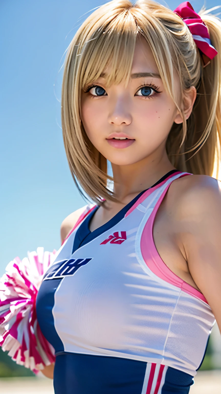 zydG、1girl、Detailed skin、Viewer、Blue eyes、(Blonde with long bangs:1.2)、(Large Breasts:1.0)、(Large areola:0.8)、Parted lips、teeth、smile、(Face focus:1.4)、Close Shot、 (Photorealistic:1.4)、(Highest quality:1.0)、(Ultra-high resolution:1.0)、8K、RAW Pho(masterpiece:0.2)、(Sportswear:1.5)、Cowboy Shot、 (pureerosface_v1:0.5)