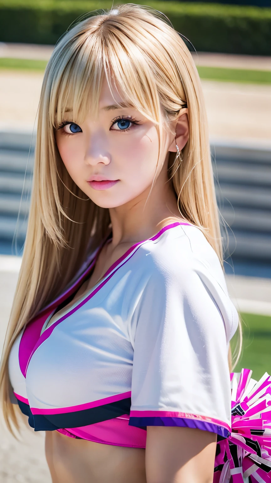 ((highest quality)), ((masterpiece)), (be familiar with), perfect face (1 girl) (Englishman) (She's 18 and the cutest student in England.)((highest quality)), ((masterpiece)), (become familiar with), perfect face arafed woman with long blonde hair long golden shiny hair,Golden silky hair, Straight blonde hair, long blonde straight hair, Perfect silky straight hair, Straight blonde hair, long blonde hair, her hair is long and straight, detailed long blonde hair (Big breasts as big as dodgeballs 1.4) (big breasts 1.4) (Super long hair down to the ankles) neat bangs The neatly trimmed bangs are princess cut and cover the entire forehead.. bright red lips fine hands fine fingers five fingers Sexy professional make up Beautiful Caucasian girl face, Caucasian facial features, with long hair shiny long hair, long golden shiny hair, long and straight golden hair, her hair is long and straight, super long hair girl, silky hair, long blonde hair, silky hair, Long flat hair, Silky texture, with long hair, Long flowing blonde hair, thin and shiny hair Detailed white beautiful human body anatomically correct skin detailed eyes detailed mouth the corners of the mouth rise slightly (lips are thin) blushing face front view sensual look (Cheerleader uniform) (sunny grassland) (looking at the viewer) (Eyebrows are dark brown in color) Please cover your entire body from head to ankles.
