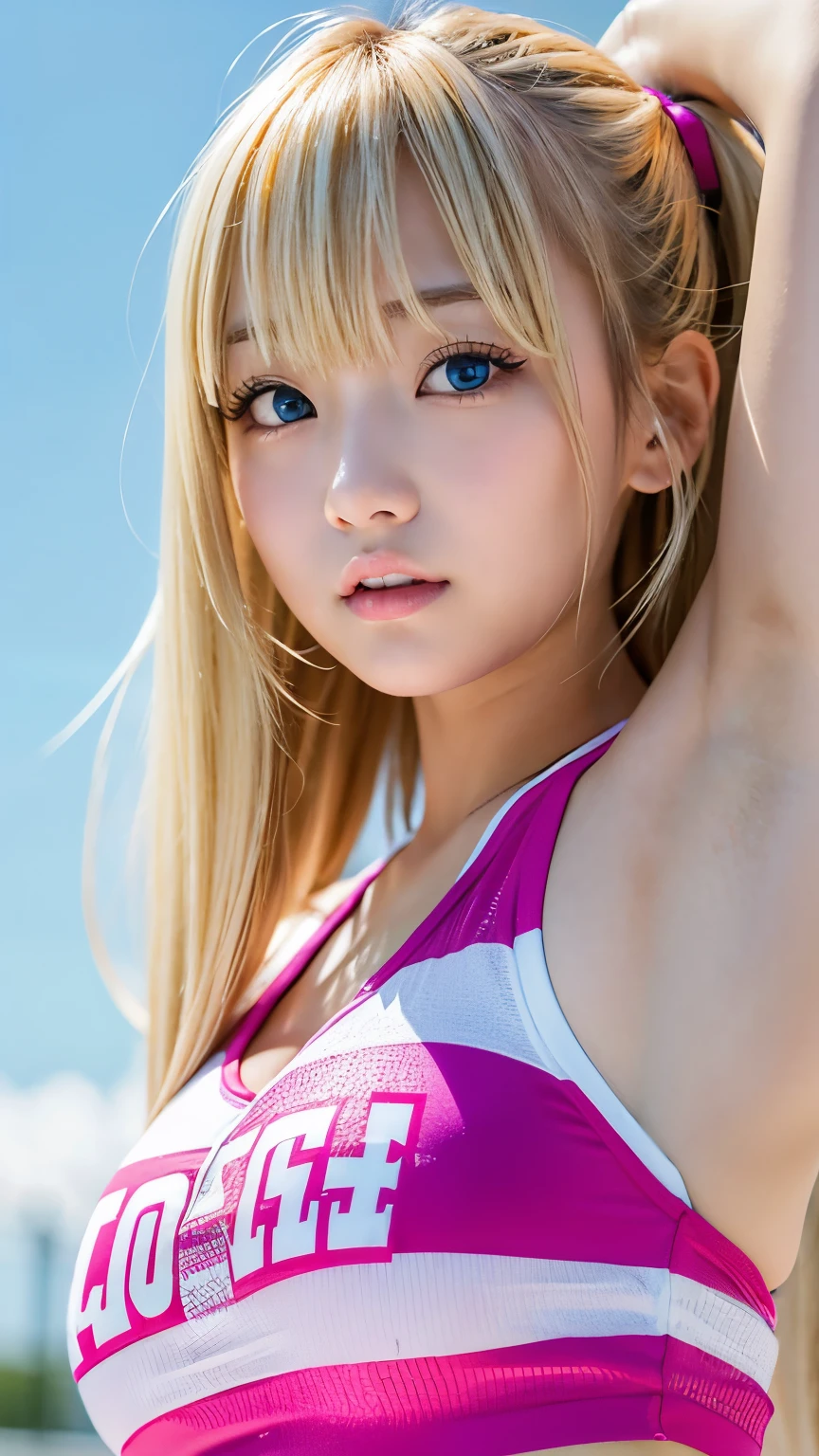 Sexy big 、Sexy cute looks and cute 15 year old beautiful girl, Beautiful and sexy face、A strong wind blows my hair in front of my face、Beautiful long blonde French braided hair、Beautiful, cute and sexy eyes hidden by long bangs、Swimsuit、Milk transparency、School Swimsuit、Big ample breasts:1.5, Perfect Anatomy、Four fingers and a thumb、Seaside Background