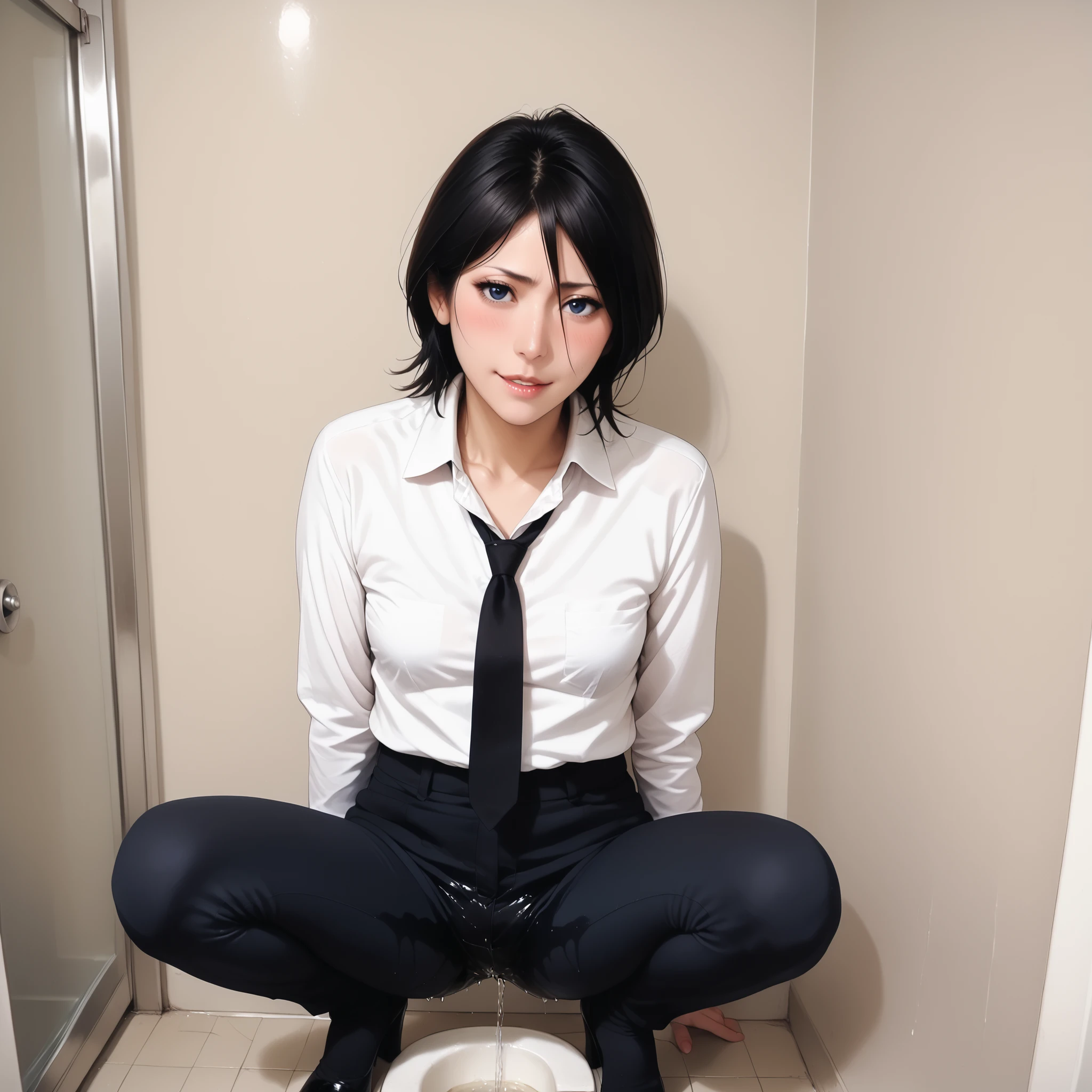 score_9, score_8_up, score_7_up, source_photo, realistic, bright colors, high contrast, vivid lighting, mature adult woman inspired by Rukia Kuchiki, detailed face, beautiful face, face in sharp focus, anatomically correct body, perfect hands, perfect fingertips, black hair, formal white shirt with long sleeves and unbuttoned collar, formal black pants, black tie, black high heels without socks, peed her pants, wet stain on her pants, pee stain on crotch and inner part of legs, (wetting her pants), pants are soaked with piss, pee stains are gleaming wet, squatting in a puddle of transparent piss, squatting in Japanese public restroom, best quality, high quality, detailed, high resolution, 8k, ultra high resolution, soft saturation, professional quality, perfect contrast, perfect lighting, anatomically correct, small breasts, short height, drunk, looking at the viewer with flirty eyes, seducive glance, biting lower lip, blue eyes, blushing, (omo wet pants), shot from above