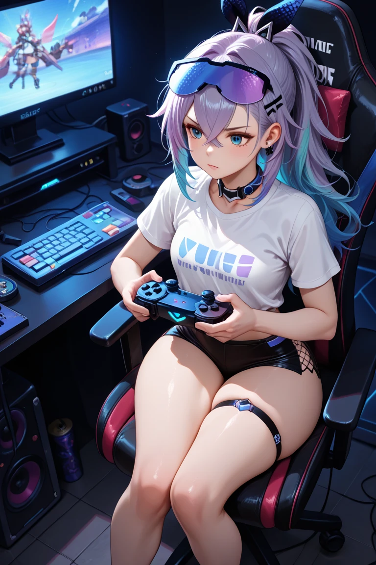 top-quality、Top image quality、​masterpiece、girl with((18year old、Cool hat、Tattoo of the heart symbol on the right shoulder、Black Navel Tank Top、White shorts、Best Bust、Bust 85、Purple hair、Longhaire、Blue eyes、open chest wide、Happiness、Chain Accessories、Black wristband on wrist、sit a chair、A slender、A smile、Have a controller、Slouched、gaming headphone、income)）hiquality、visualart、Background with((Neon colored room、Gaming PC、Gaming Desk、Gaming Chair、Gaming bed、gaming console))、masutepiece、Depth(lightning bolt)