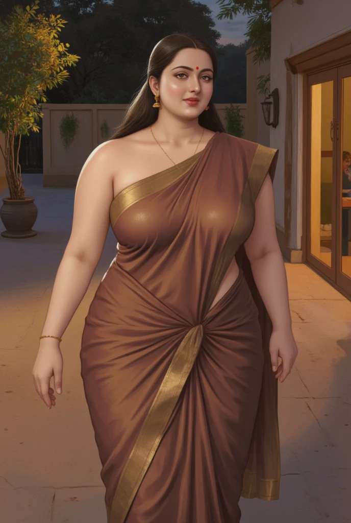 A beautiful, goddess-like woman with a tall, high figure and a huge, curvy body, standing confidently in a stunning saree. Captured in 8k ultra-high resolution, with realistic textures, soft lighting, and a cinematic feel.