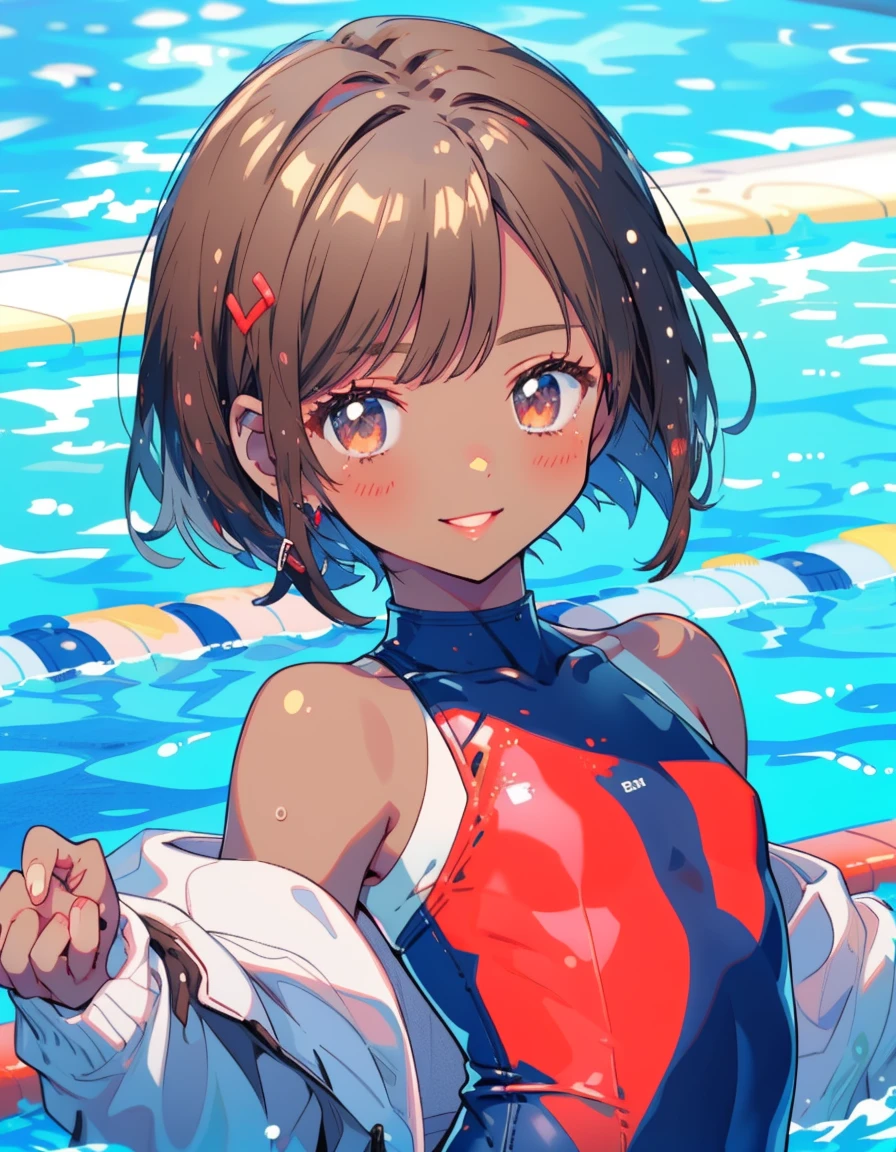 (masterpiece, best quality, 8k:1.2),Very detailed, (anime:1.1), misaka_mikoto, brown hair, short hair, hairpin, small medium breasts, 1girl, (monokini, Swimwear, Beach, blush), Cowboy shot, looking at viewer,