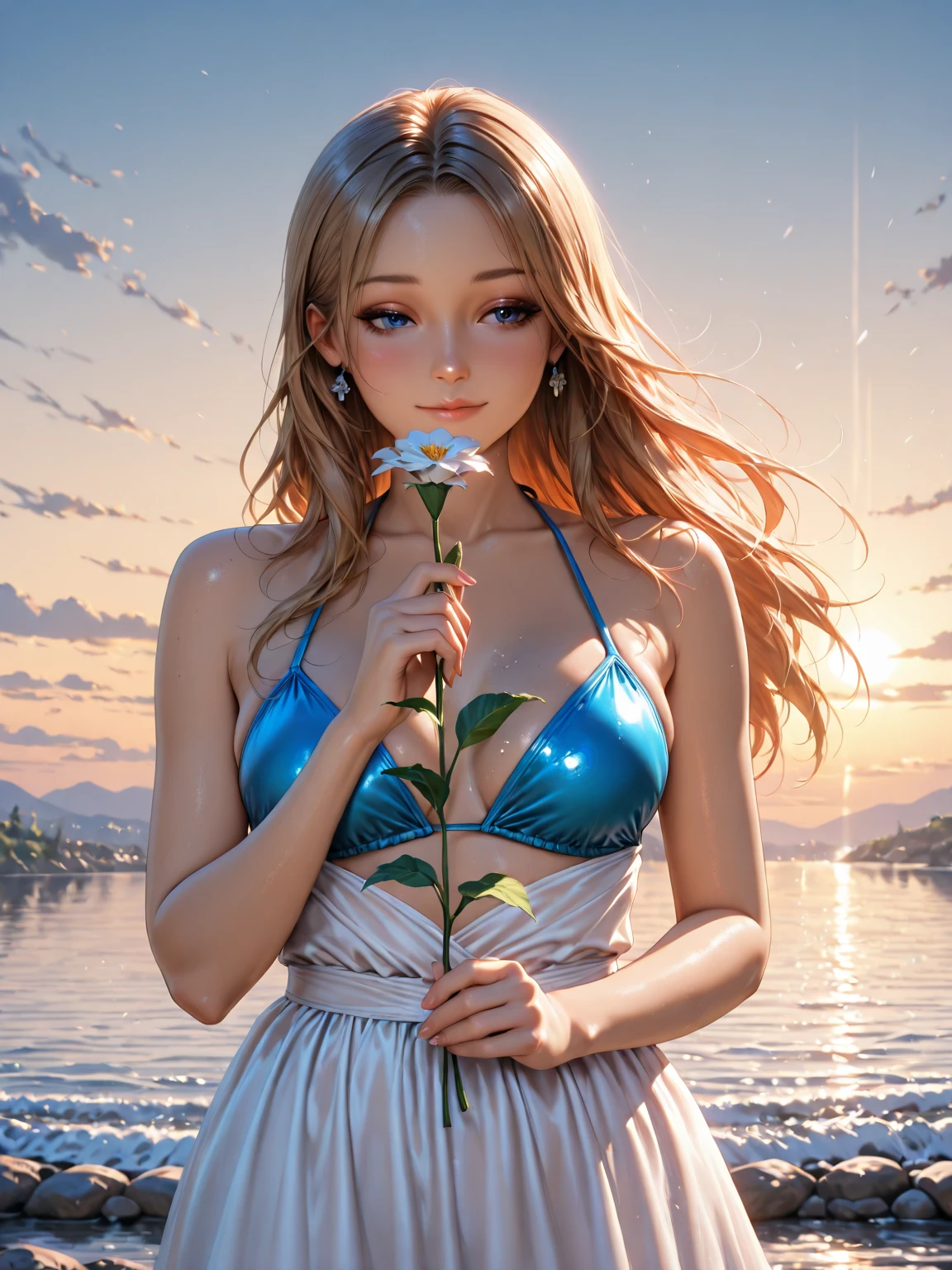 Take me to a magical world with this photorealistic girl rendering。, Her joyful expression and flowing clothes、Perfectly complements the magical lakeside setting。, Enhanced with impressive multiple exposure effects.
