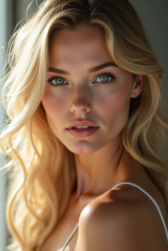 ((Masterpiece, best quality)),photography, detailed skin, realistic, photo-realistic, 8k, highly detailed, full length frame, High detail RAW color art, diffused soft lighting, shallow depth of field, sharp focus, hyperrealism, cinematic lighting,close up, smiling, beautiful blonde edgAus_woman, posing for a picture, a portrait of a woman, v shaped cleavage , with frills