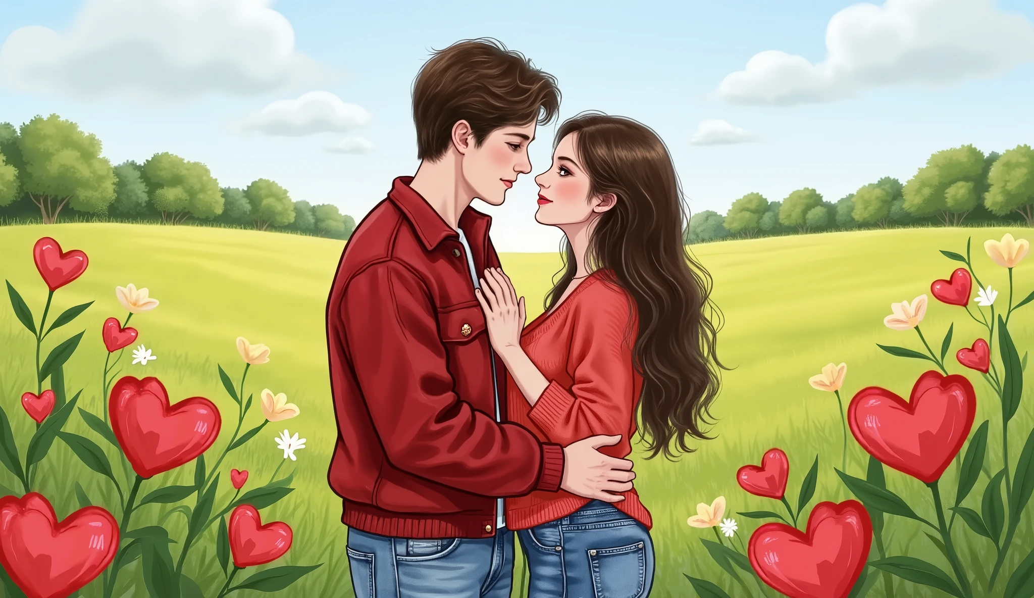 casal de namorados, juntos, dia dos namorados, flores, radiant and warm colors, fofo, amor, romantic couple in a field of flowers, passionate expression, segurando as maos, looking at each other, luz suave, cozy atmosphere, pintura a oleo, cores vibrantes, delicate brushstrokes, 4k, ultra-detalhado, foto-realista, hdr, suave bokeh