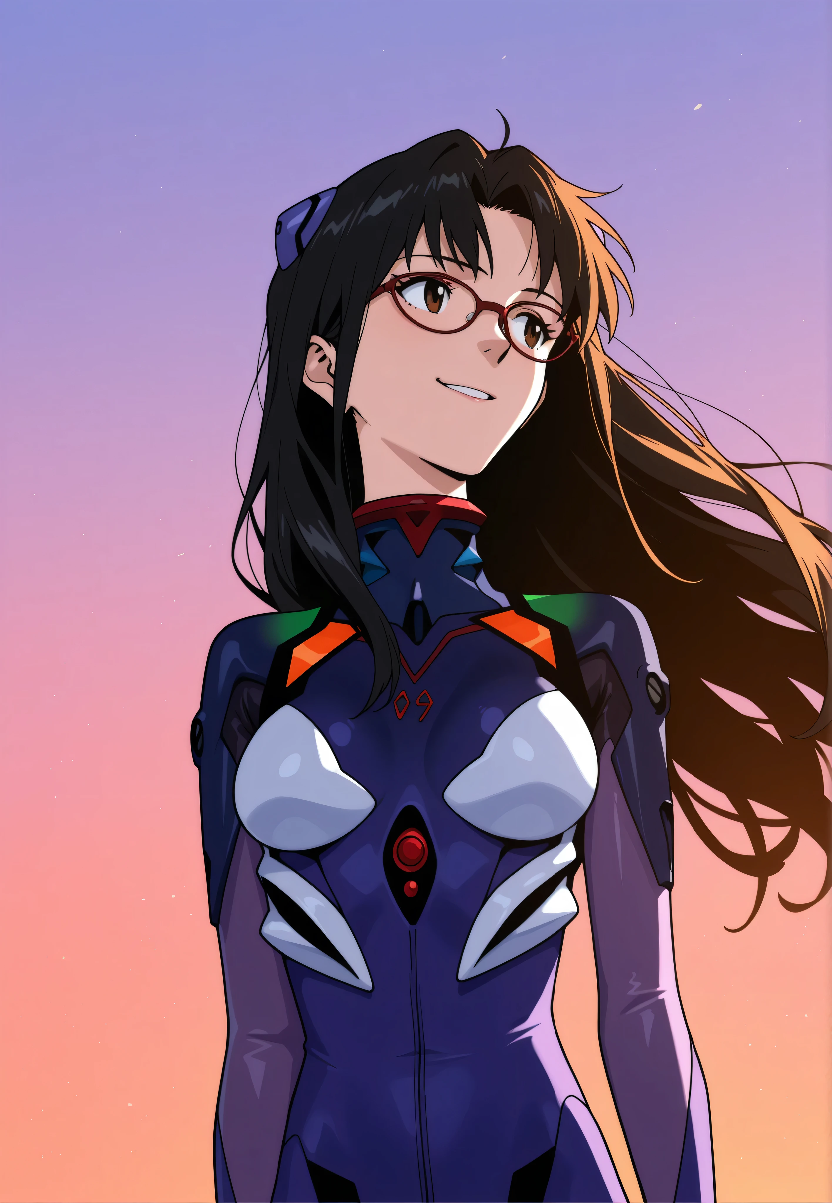 Masterpiece, best quality, woman, standing, mature, tall, upper body, elegant, slim, looking away, grinning, beautiful, exotic, (black hair), long hair, cute bangs, flowing hair, (brown eyes), (dark_eyeliner), long_eyelashes, small_bust, wearing glasses, purple plugsuit, evangelion, outside, mountains in the distance, sunset,