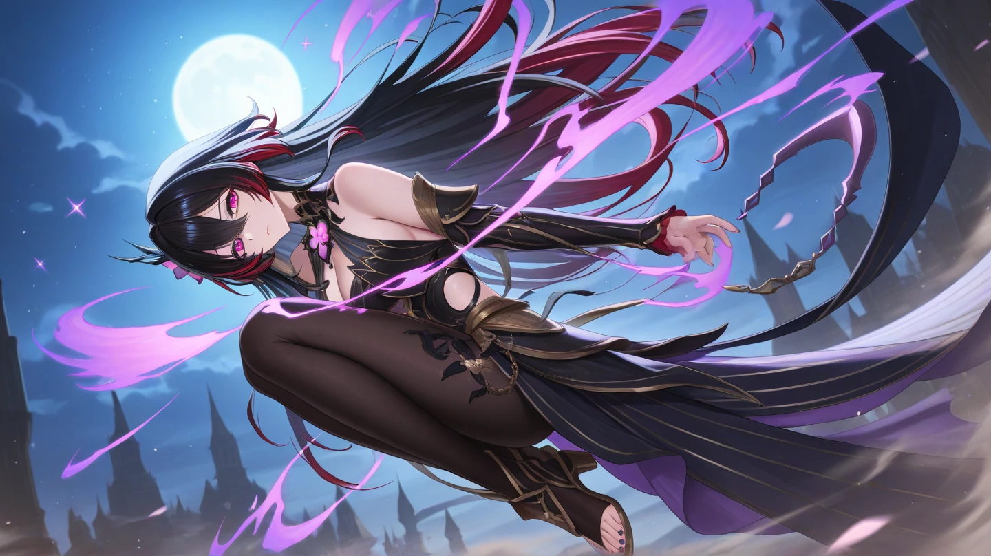 red eyes, pointy ears, long black hair, purple lipstick, makeup, pale skin, anatomically correct, , epic art, fantasy, 1girl, breasts, solo, vastaya, cleavage, large_breasts, bare_shoulders, elbow_gloves, staff, choker, glow effects, godrays, Hand drawn, render, 8k, octane render, cinema 4d, blender, dark, atmospheric 4k ultra detailed, cinematic, Sharp focus, big depth of field, Masterpiece, colors, 3d octane render, 4k, concept art, trending on artstation, hyperrealistic, Vivid colors, extremely detailed CG unity 8k wallpaper, trending on CGSociety, Intricate, High Detail, dramatic, facing viewer, smirk, upper teeth, purple lips, red eyes, blush, sweating, wet, looking at viewer,