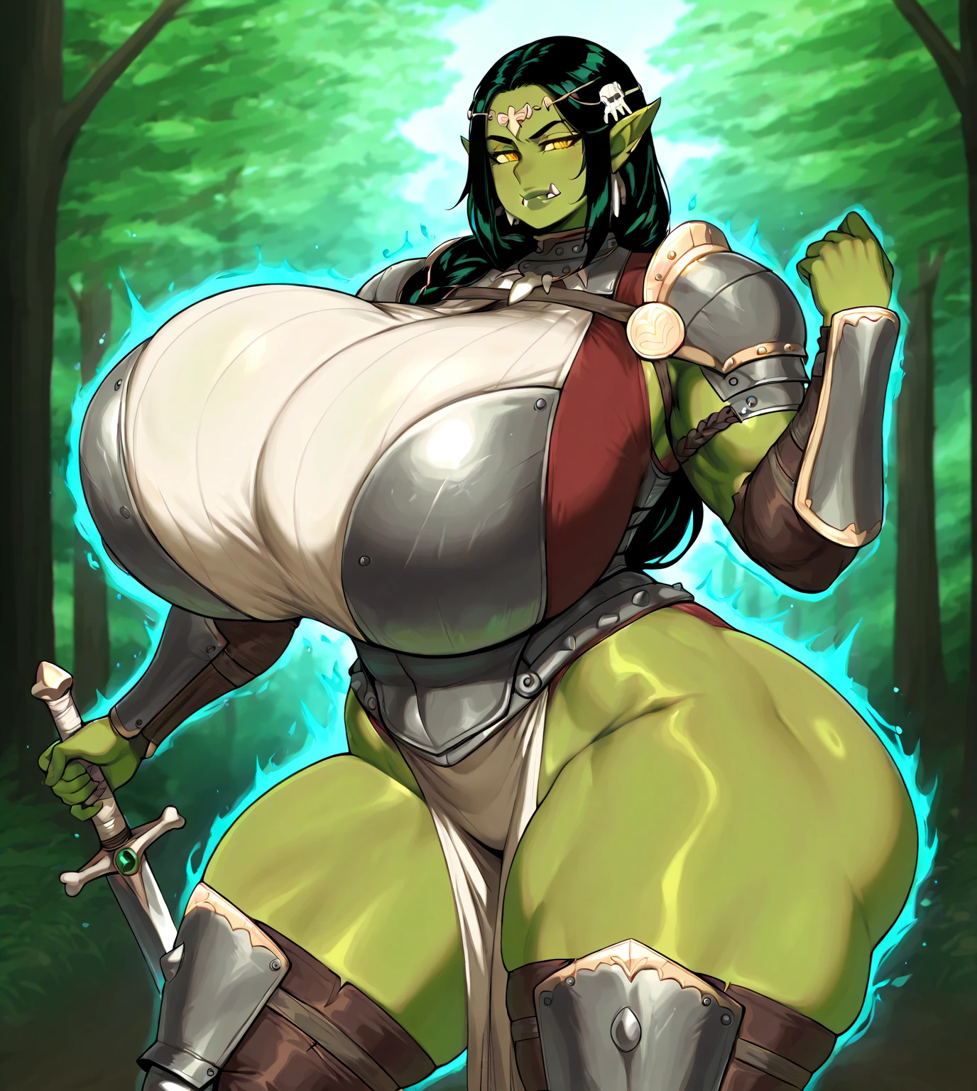 Adult female orc, seductive, lovely, freckle on chin, tall, big breasts, green skin, female orc, attractive, fantasy, animal hyde clothing, sheathed sword on back, small and dull tusks, woods, forest, kneeling, soft-green irises, fully clothed, highly detailed, specific detail, perfect detail, perfect eyes, perfect hands