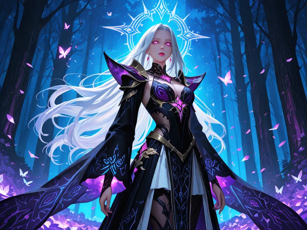 ((ultra realistic illustration:1.2)),(dark fantasy:1.4), In a mystical forest. Beautiful Elven mage. Wild (magenta hair), violet eyes, ((very pale:1.4)), beautifully fit figure, small perky breasts. (tribal war paint), long dress, bare feet .Masterpiece, (highly detailed:1.2),(detailed face and eyes:1.2), 8k wallpaper, natural lighting. core shadows, high contrast, bokeh.