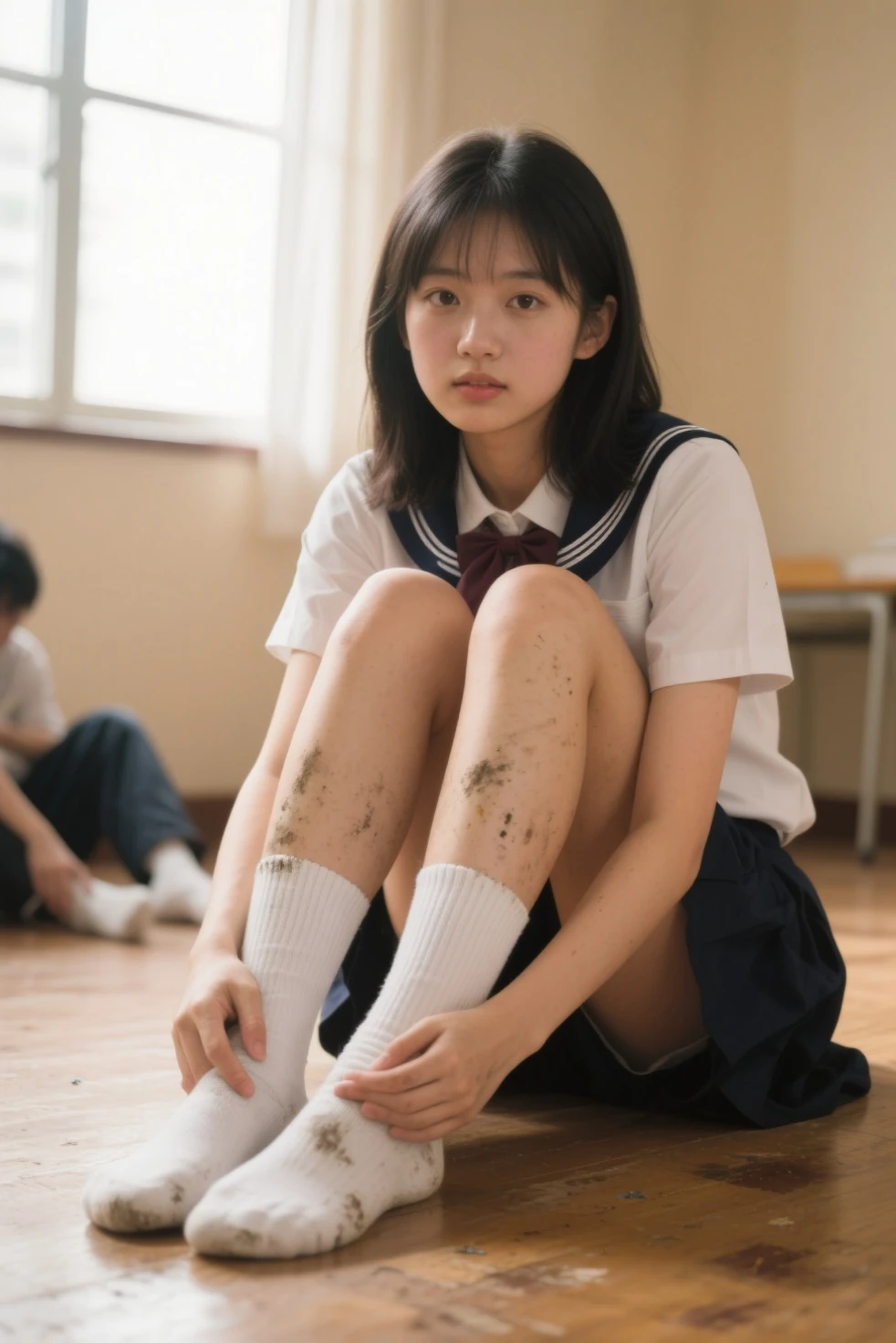(RAW Photos, Highest quality), (Realistic, Realistic:1.3), masterpiece, Very delicate and beautiful, ((Soft Light)), ((Black-haired, , Bob, short hair, semi-long, Hairside lock)), Beautiful detailed girl, (Detailed fingers), Highly detailed eyes and face, Beautiful and detailed nose, Beautiful attention to detail, 1 girl, (Underarm, Under the glossy Underarm), (Japanese junior high school girls, 18-year-old), Pure beauty, cute, young, ((small, skinny, smallヒップ, Beautiful legs, skinny legs skinny knee), ((white Thighs)), (Full Body Shot:1.2, Cowboy Shot), (View your audience), ((school uniform, navy, Blue and white checked pleated skirt)), ((Sailor suit, Red tie, Blue Skirt)), (Short sleeve uniform white shirt), (((Thighs, Thighs丈, pure white))), Surreal school girl, Wearing white panties, ((From above: 0.8)), ((classroom)), (Bokeh:1.2),