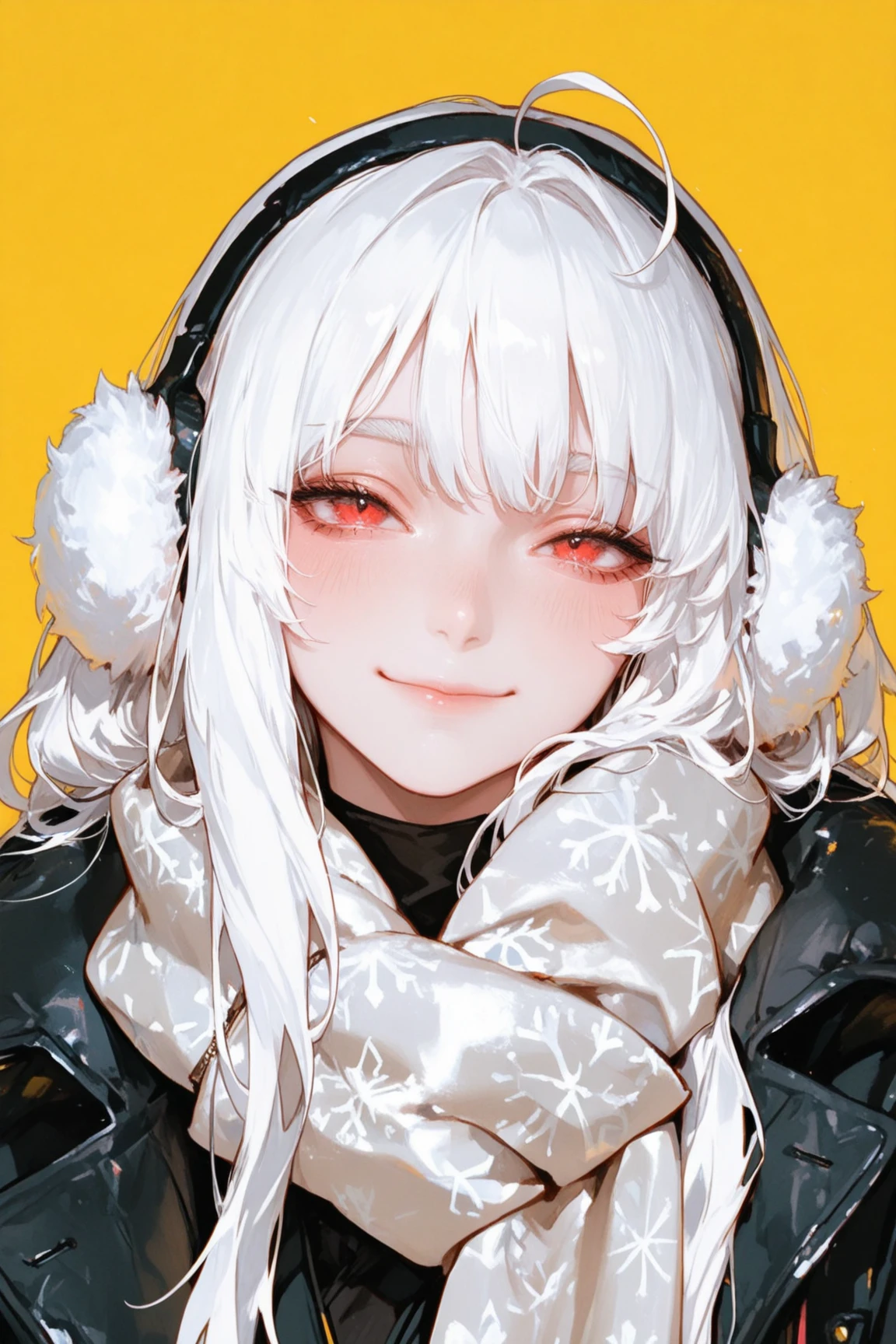 masterpiece, best quality, amazing quality, BREAK 1girl, earmuffs, solo, smile, scarf, red_eyes, long_hair, looking_at_viewer, white_hair, ahoge, upper_body, coat, closed_mouth, thick_eyebrows, yellow_background, bangs, headphones