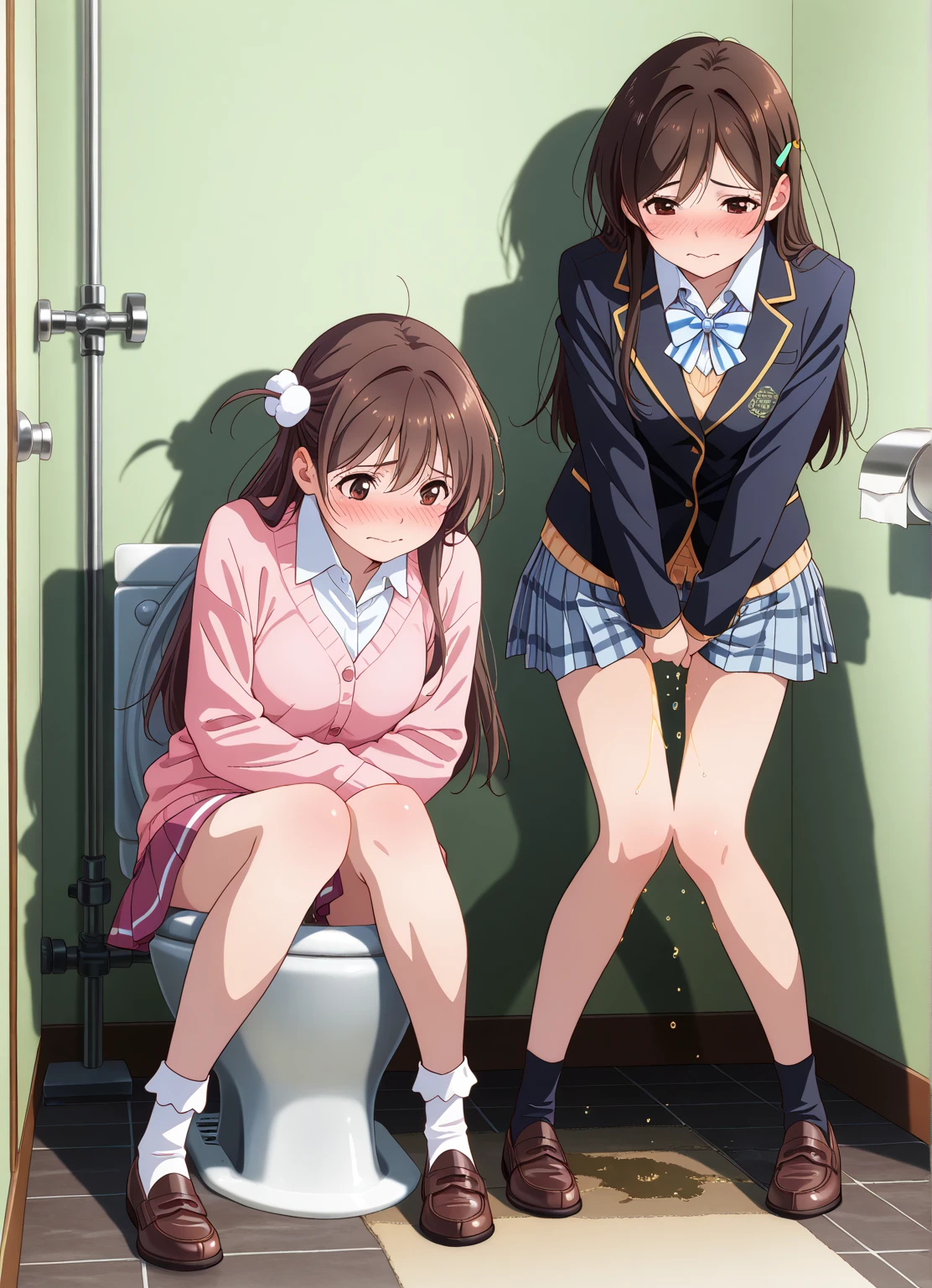NSFW, (masterpiece, top quality, best quality, highly detailed:1.6), anatomically correct, (full body), wide shot, long shot, (woman standing facing the men's urinal:2.5), (school uniform, pastel colors cardigan,red Kilt skirt:2), (Public Toilet,woman standing in front of a men's urinal,woman standing and urinating:2.5),(crotch, pussy, urethra:2), (standing pee, Pee while standing,urinating while standing, pee running down legs:2), (standing:2.9),(Woman standing on a puddle of urine:1.5), (((Lift up the skirt high))), (long hair, dark brown hair, ponytail:1.5),colorful, perfect composition, large breasts, Yellow pee, natural makeup,