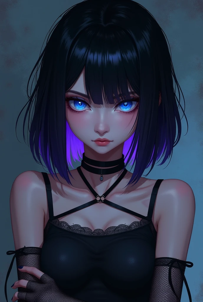 masterpiece, highest quality,3D rendering work ,3dmm style,close,Portraiture, 3D,One girl, alone, Multicolored Hair, Blue Hair, Black Hair, necklace, freckles, jewelry, Two-tone hair, When you look to the side, Realistic, Upper Body, Simple Background, bangs, avert your eyes, short hair, parted lips, Iris, lips, Gothic, choker, compensate, Mole, black shirt, shirt, watermark