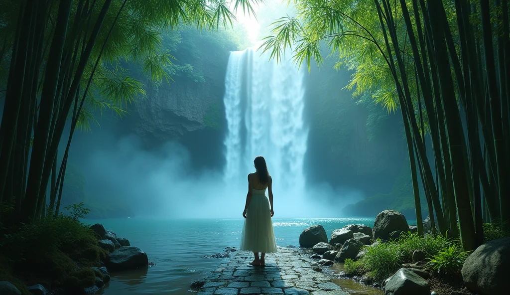 Transform into a woman at the waterfall 