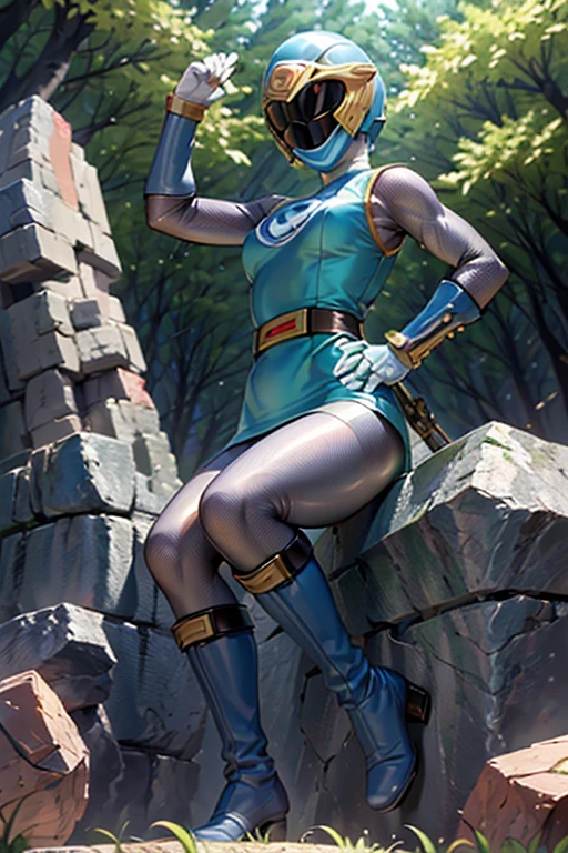 1 girl, Solo, ((Full face helmet with no exposed face and head hair)), hurricane blue, (Thick and intricate lines drawn on the chest), Lines on the sides of the suit, a belt, The suit is blue with long gloves and boots are white,ultra miniskirt,(no stocking:1.2), (Very shiny helmet and suit), Three-dimensional helmet,Perfect balance,Highly detailed CG Unity 8K wallpaper, Perfect Lighting, masutepiece,Best Quality, 超A high resolution,4K,Ultra-detailed, Photography, 8K, nffsw, hight resolution, absurderes:1.2, Kodak Portra 400, Film grain, Lens Flare,professional photograpy, ((Anatomically correct)), outdoor,forest,(leg up,kicking,fighting pose:1.4),large breasts,cleavage,erected nipples,cameltoe,(spread legs:1.2),from below,