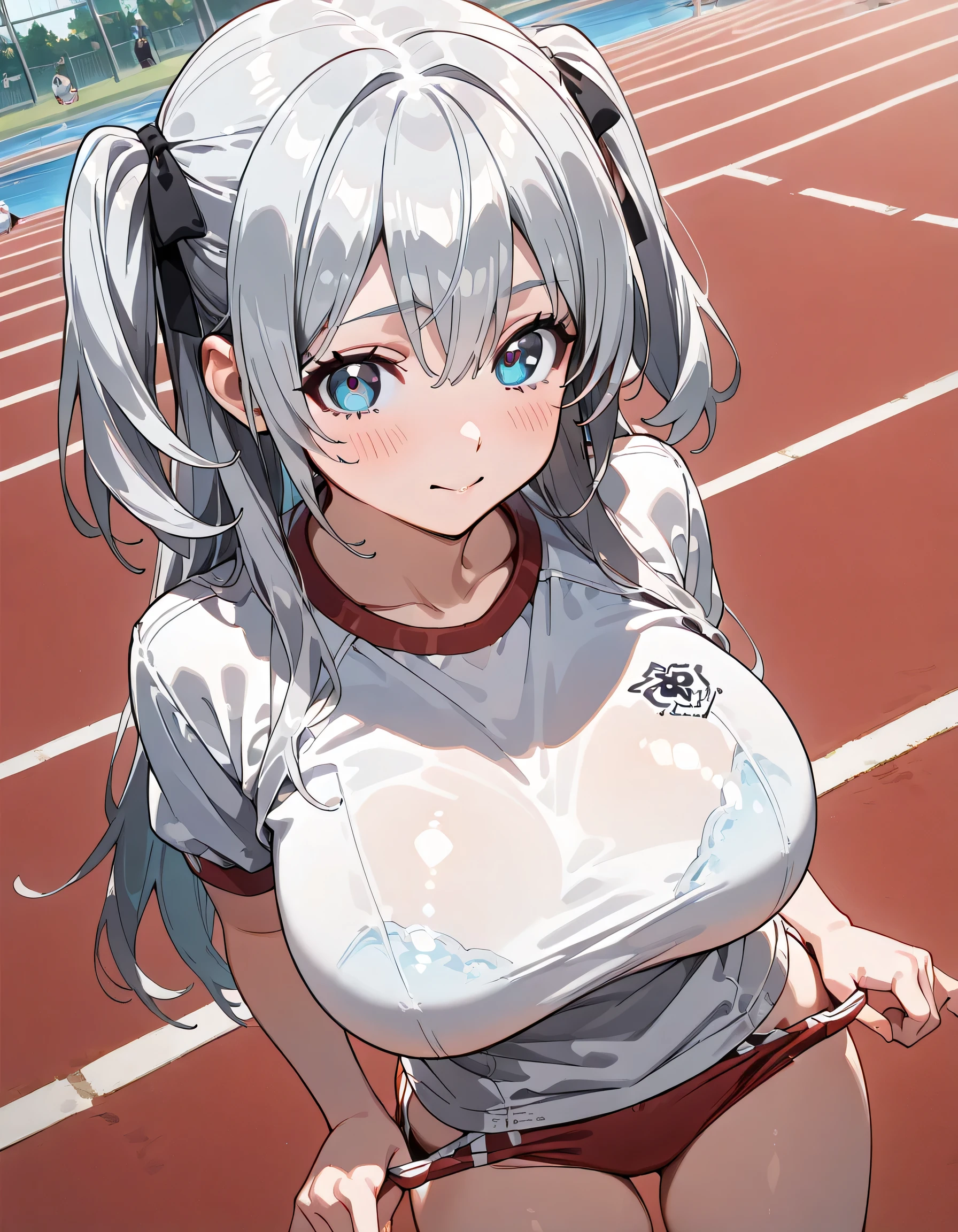 (((masterpiece))), ShizukaMikazuki, One Girl, alone, View your audience, Long Hair, Gray Hair, Long sleeve, Cleavage, Quite large breasts, Close your mouth, clavicle, Mature Body,Abdominal muscles,Blushing,Blouson, Open clothes, open Blouson, blue Blouson,Black sports bra,Black hot pants, Play sports often, Bicycle in the background,blue eyes,natural Park,Shooting from an angle
