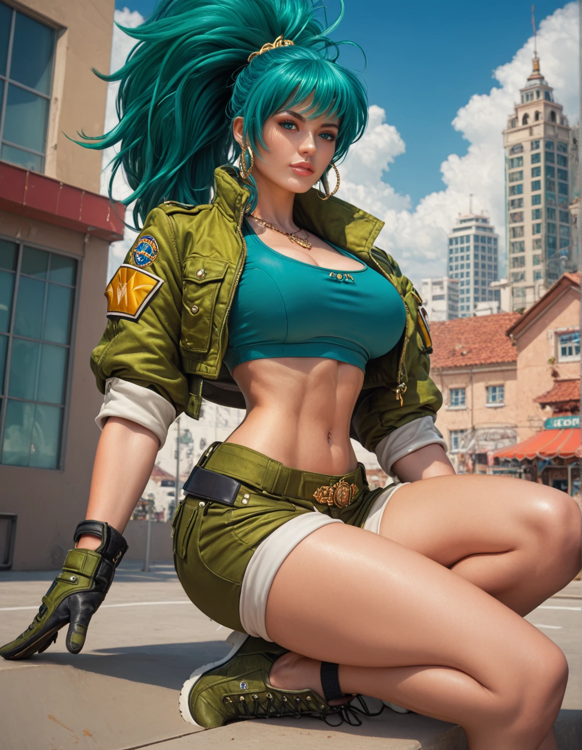 Cute girl, Standing, wearing a white bra, blue pants, green hair, Superhero Wolverine
