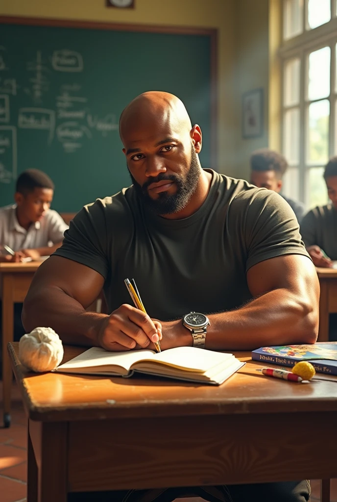 Strong, bearded, hairy black teacher teaching in the classroom wearing white underwear with “MOCANO” written in capital letters on the elastic of his underwear and holding an open book in his hand.