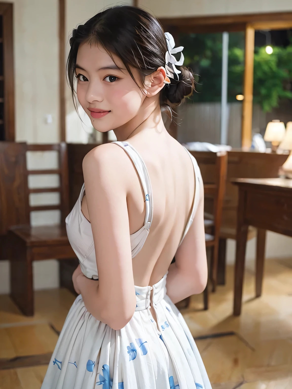 (resolution:1.2), nude:1.3, smile, elementary school girl, topless maid costume, upper body, ((arms behind back)), (子供:1.3), (night:1.3)
