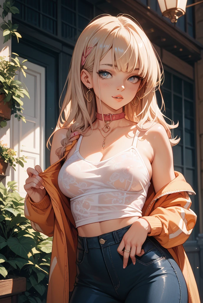 gyaru, medium hair, wet hair, hair slicked back, looking at viewer, multicolored eyes, large breasts, sleeveless shirt, short shorts, chemise, neck garter, bent_over, ??????_rope,