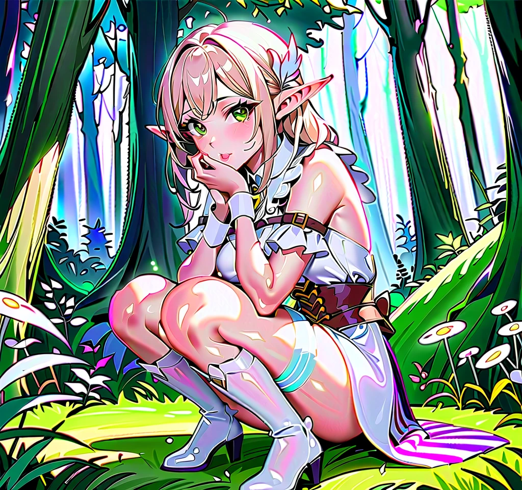 ((naked)), Chubby,very small in height, ((many tears)),cowgirl position, squatting, ((spread legs)),((pointy ears)),((elves)),in forest,(1girl),((low angle)),(((masturbating))),touch female genitals,(((frills bikini))),(((glasses)))