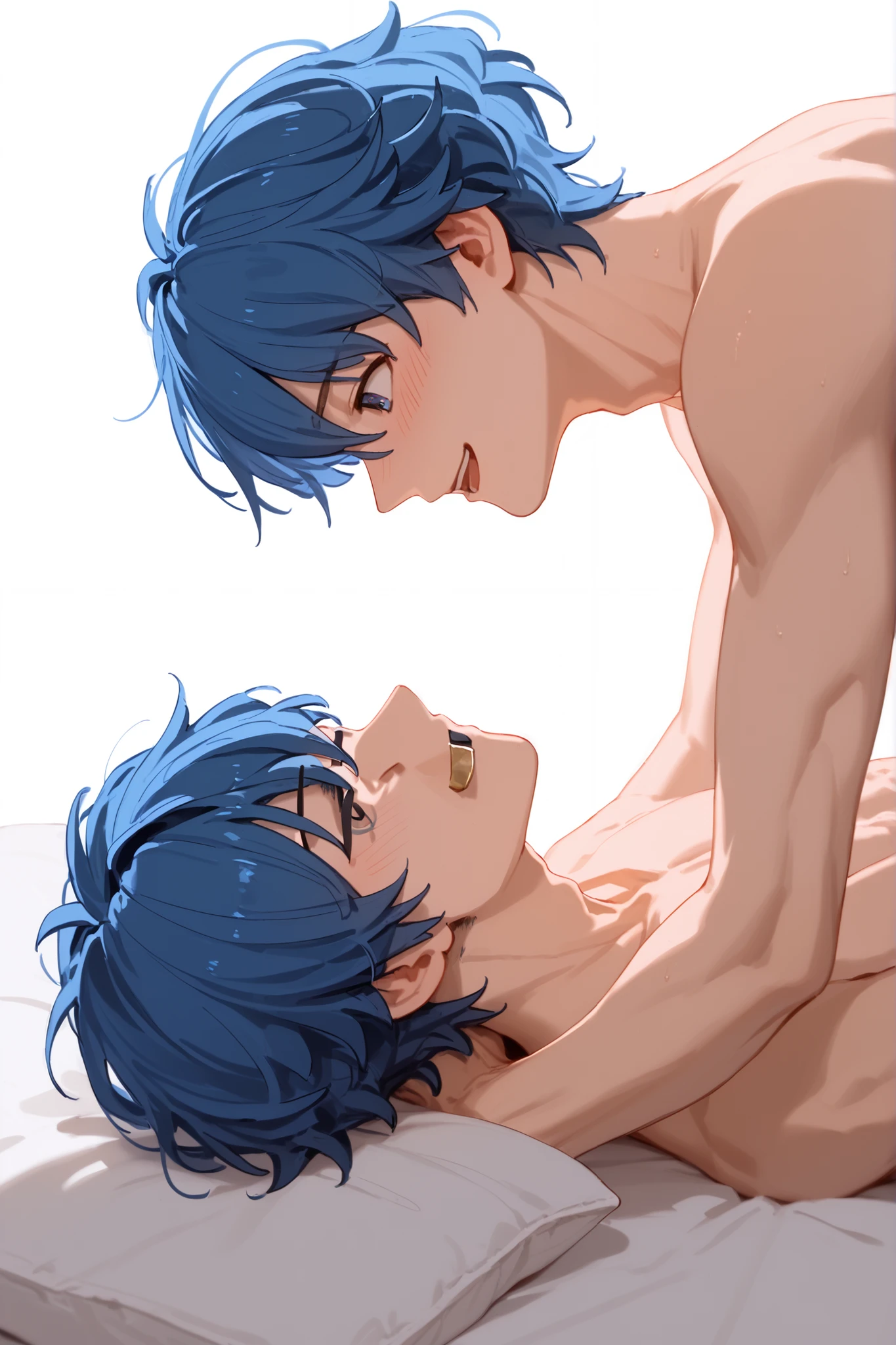 yaoi couple, laying together, on bed, one looking at another, 2boys, male focus, yaoi, blue hair, open mouth, smile, one eye closed, blush, lying, white background, on back, brant, prism style, rover, Style, Brant, masterpiece, aegyo sal, flat color style, simple coloring style
