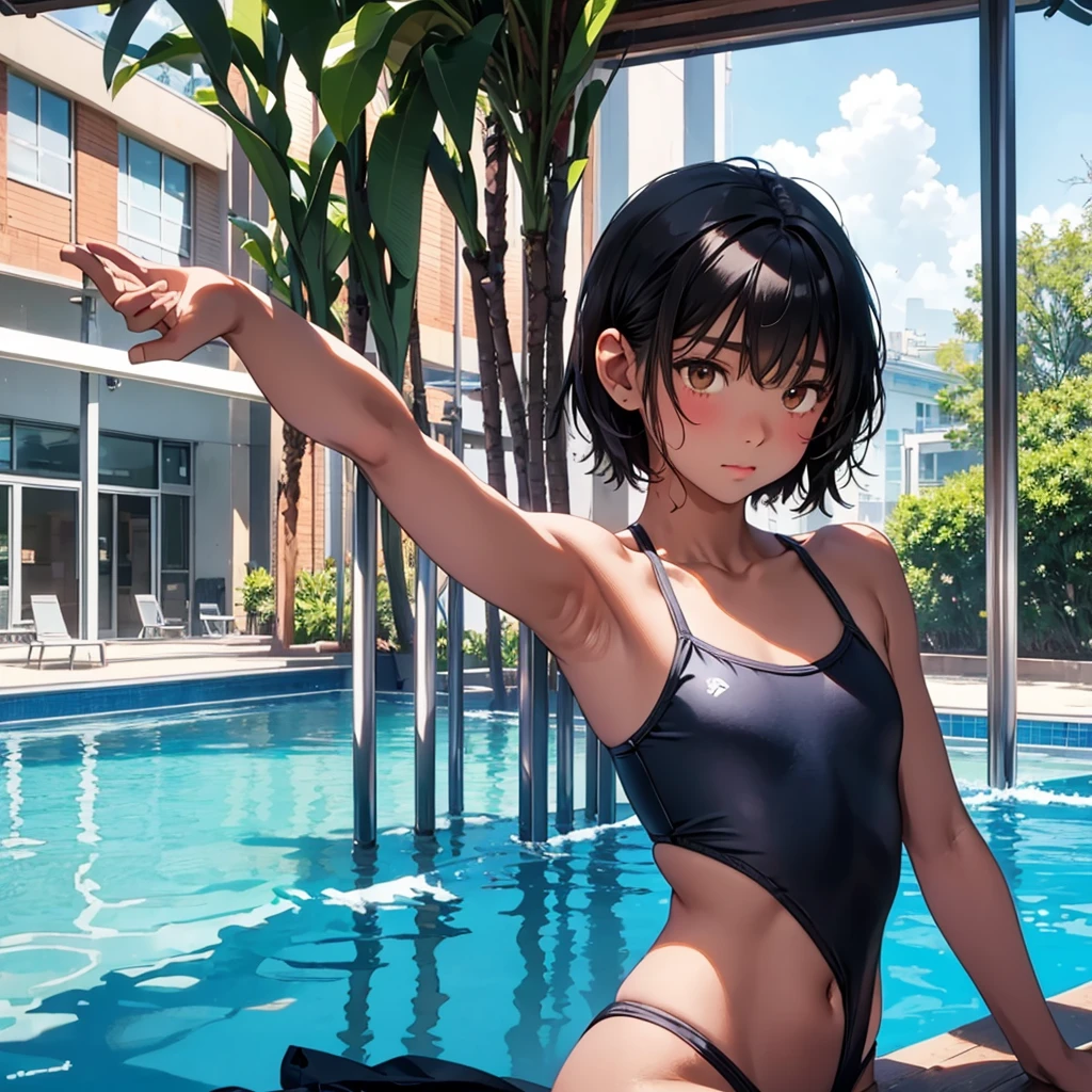 Highest quality、Realistic、、zoom、Primary school students、man、cute、Light grey eyes、Black Hair、short hair、Tanned brown skin、Dark Skin、Swimwear、Flat Chest、、thin、Pool、Sitting with legs crossed、