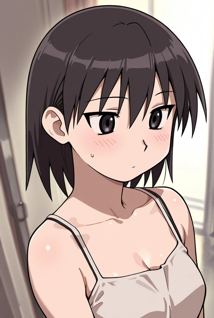 Kyoto animation, female, short hair, black hair, cute face, Yuuko aioi, Atletic body, big breast, sexy thigs, Sixpack abs, naked, In bed room