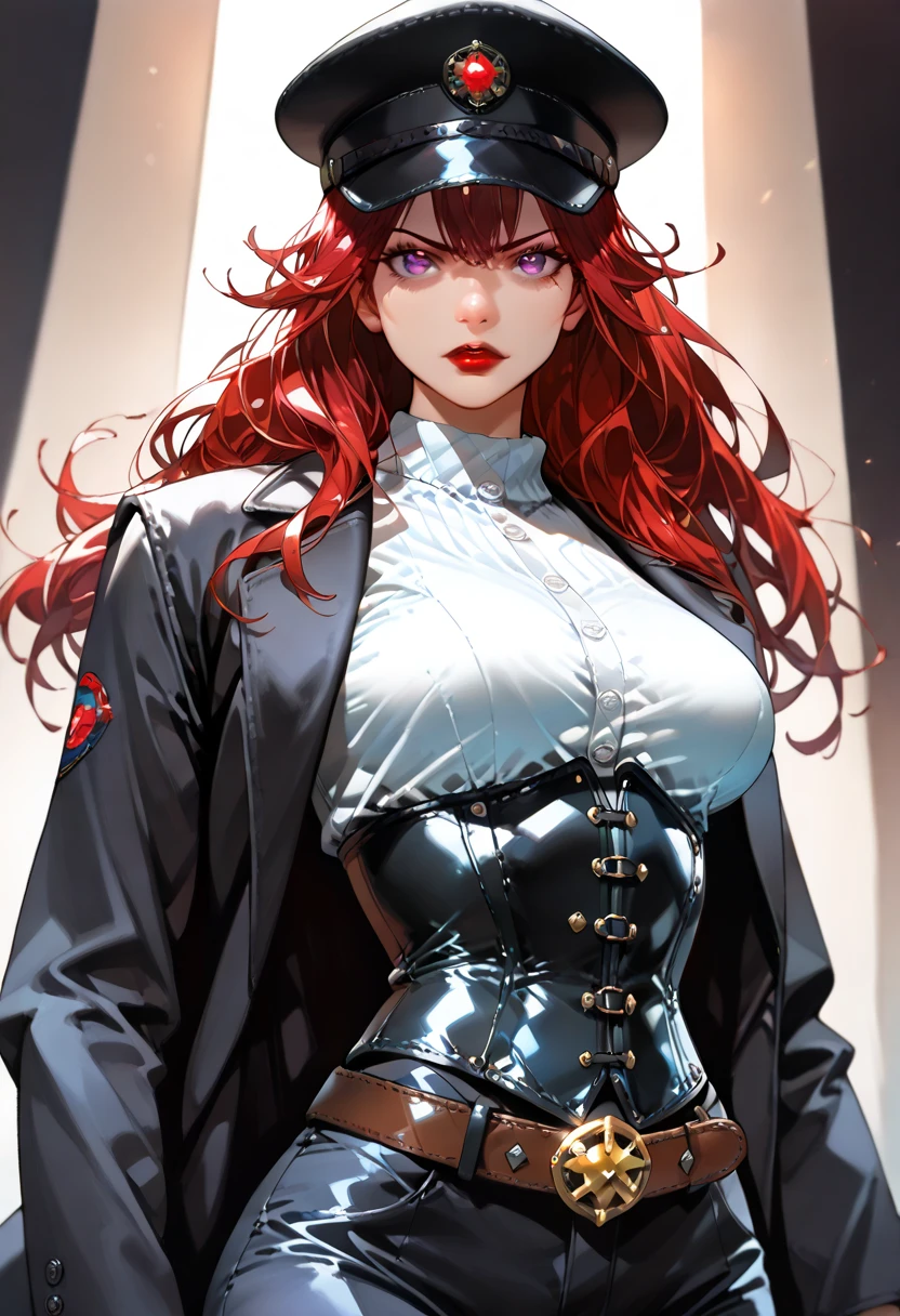 1 milf, huge breast, suit, tie, Mitsuru kirijo, portrait, , red eyes, long hair, hair over one eye , lipstick, red hair