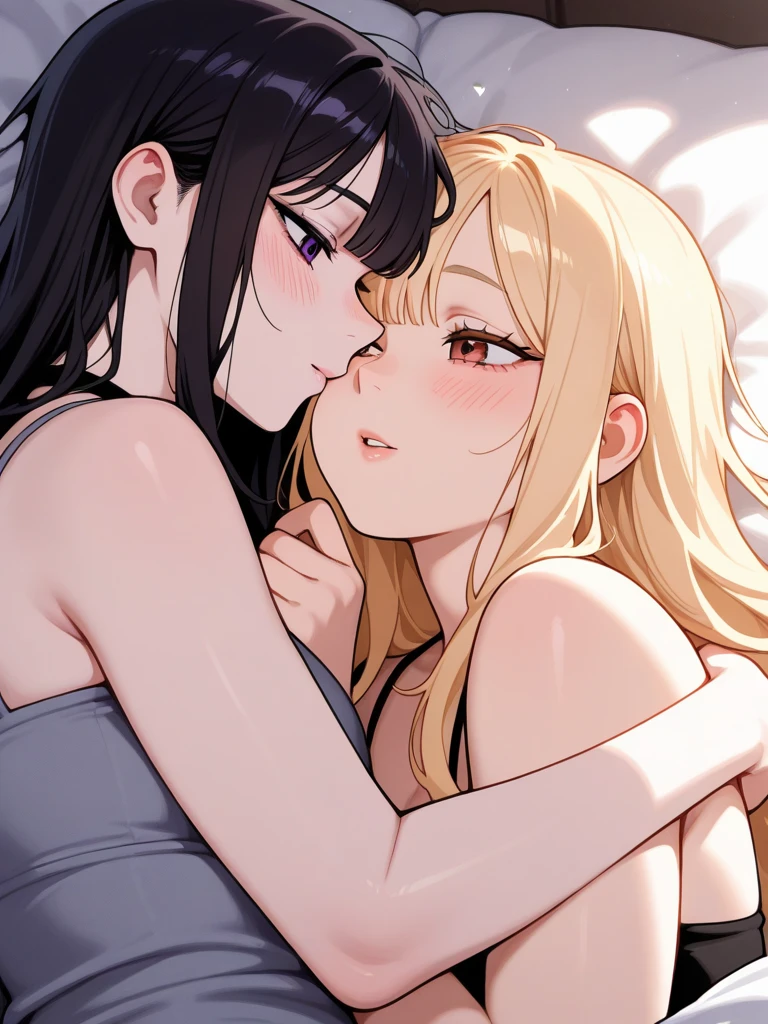 masterpiece, lots of detail, 4k, 8k, highres, soft lighting, 2girls, on bed, lesbian, sex, hand on crotch, pussy, blush, kissing, tongue, saliva, dripping pussy, {green eyes|red eyes|blue eyes|gold eyes}, {bangs|pubic hair}, {very long hair|short hair|curly hair}, {red hair|black hair|blonde hair|multicolored hair|green hair|purple hair}, {twintails|ponytail|loose hair|bob cut|hime cut|tomboy}, warm, detailed hands