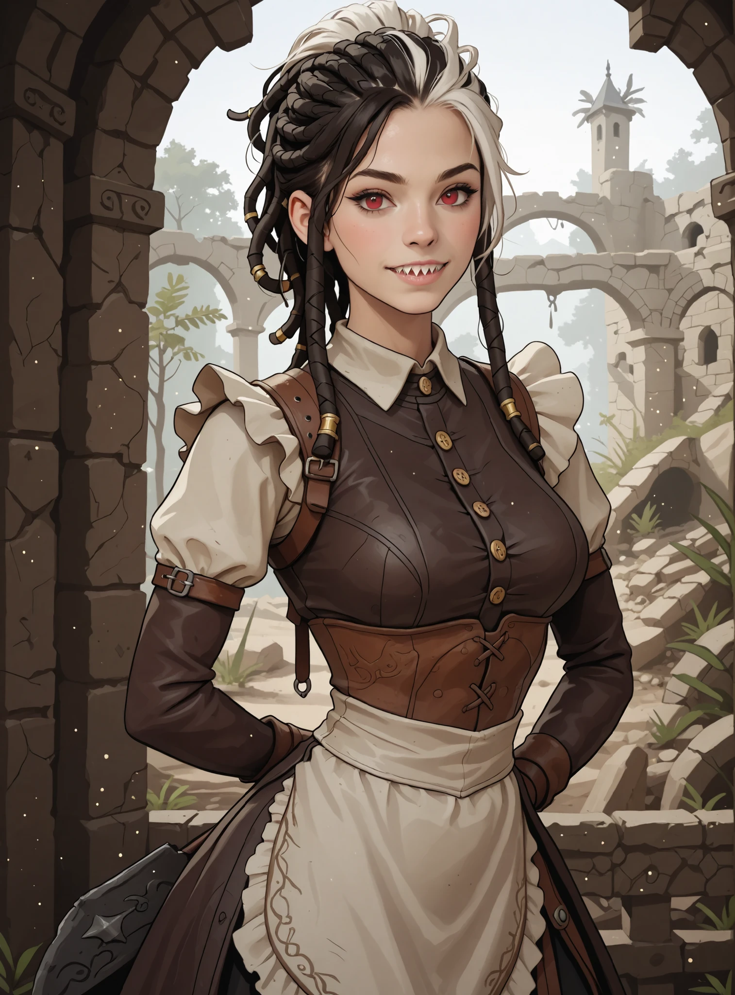 Slender body. White skin. Cute 18-year-old Asian girl with Asian red eyes and sharp teeth and dreadlocks with white highlights. She has a cute and beautiful face. She has a round and young face with a pointy chin. Her body is athletic with abs. She wears medieval an intricate medieval leather clothing with buttons. Background: medieval jungle ruins. Realistic lighting. DnD art-style. Looking at the viewer.