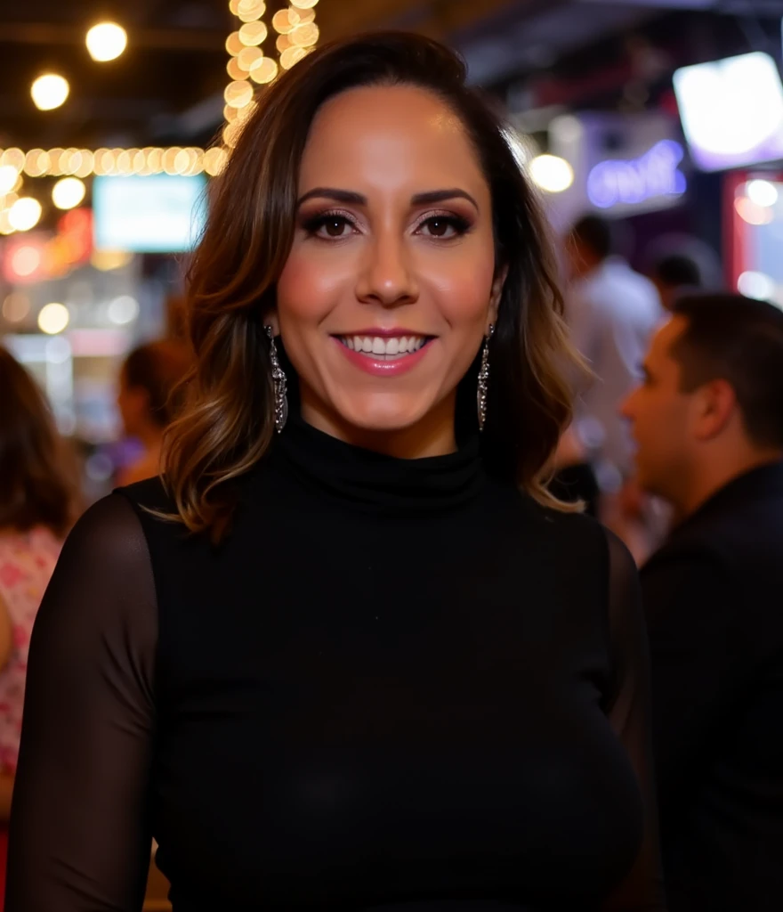 A confident, 38-year-old Polish woman with a curvaceous figure stands tall in socks, inside Rio de Janeiro's vibrant street scene, wearing a sensual mini dress that highlights her curves. Her radiant smile, a testament to her self-assurance, perfectly captures the essence of Brazilian nightlife.