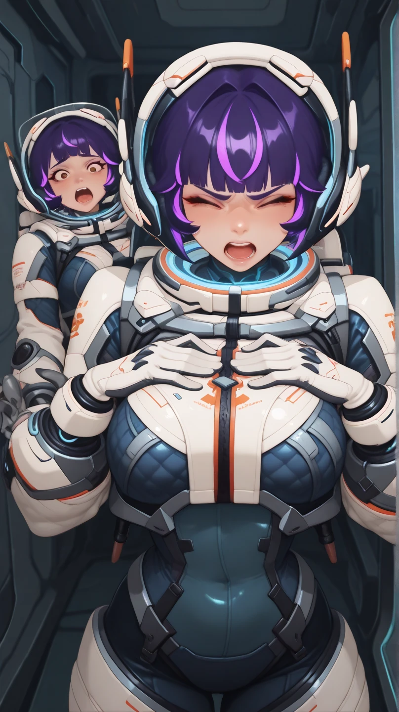 2 girl,  space helmet, , eva helm 2girls,looking at others,  ,(blushing),ahegao, ,nude, room, 2girls, saliva trail,SHORT HAIR, SPACE HELMET
