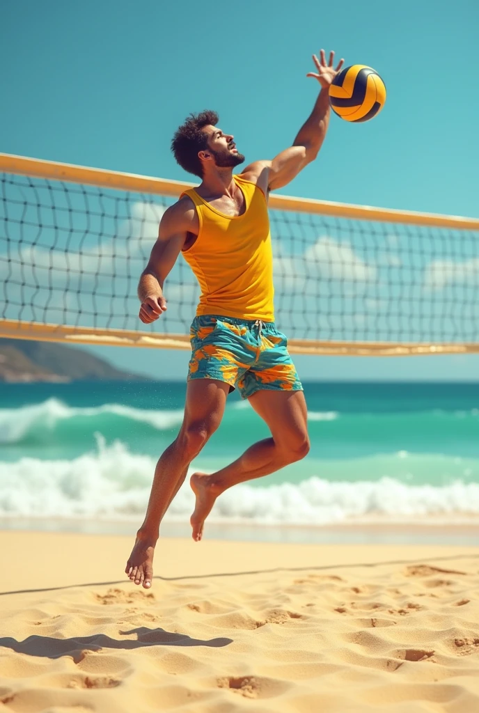 a guy playing ball on the beach