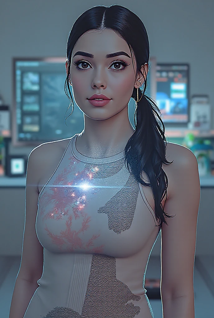 (8k hyper realistic beautiful smooth dark brown skin) Long eyelashes, (8k high definition bright vivid pastel eyes),(8k high definition) smooth skin, glitter makeup and beautiful thick luscious lips, ( 8k high definition beautiful eyebrows)(skin tight cotton T-shirt and jean shorts)
