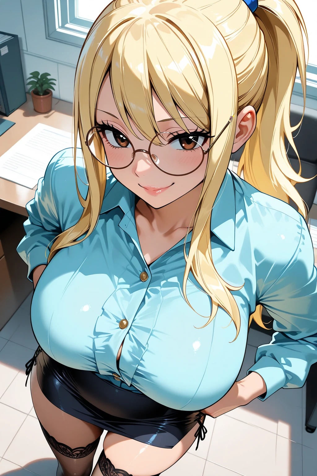 blush, smileglowing aura, natural light, masterpiece, glossy skin, juicy lips , ,sexy, hot, , cleavage, evil,juicy lips, bimbo, hour glass, blonde hair, wide eyes, green eyes, massive boobs, dark lighting, long hair, pink bow, platform shoes, bow in hair, golden round glasses, sandy blonde hair, ((cropped shirt)), big boobs, smile, pony tail, collared shirt