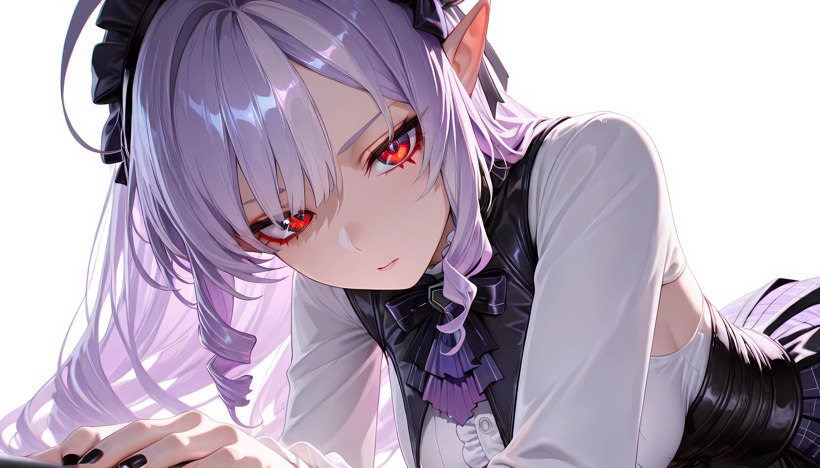 masterpiece,best quality,amazing quality, absurdres, vivianZzz,red eyes,ahoge,streaked hair,black hairband,frilled hairband, purple hair, hair bow, 1girl, black nails, breasts, fingernails, white background, long hair, looking at viewer, medium breasts, multicolored hair, pointy ears, simple background, solo, white shirt, center frills, bowtie, plaid skirt, purple ascot, black corset, ((Best quality)), ((masterpiece)), (detailed:1.4), 3D, an image of a beautiful cyberpunk female,HDR (High Dynamic Range),Ray Tracing,NVIDIA RTX,Super-Resolution,Unreal 5,Subsurface scattering,PBR Texturing,Post-processing,Anisotropic Filtering,Depth-of-field,Maximum clarity and sharpness,Multi-layered textures,Albedo and Specular maps,Surface shading,Accurate simulation of light-material interaction,Perfect proportions,Octane Render,Two-tone lighting,Wide aperture,Low ISO,White balance,Rule of thirds,8K RAW,