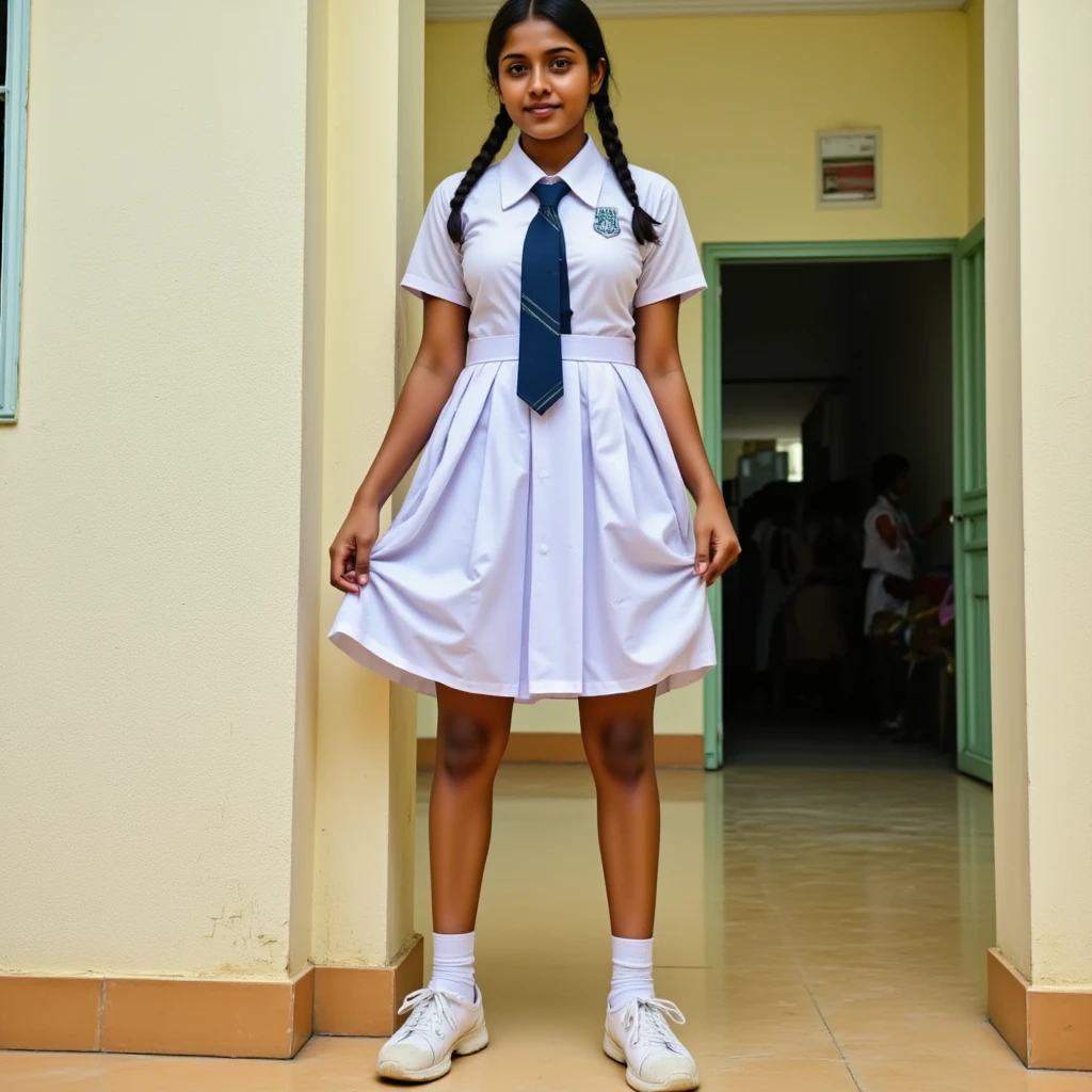  Beautiful yong girl her hair is black in colour her eyes are brown in colour has a ponytail lips are pink in colour reads in class 6 short in height white colour shirt and wering a skirt that is blue in colour nedium sized  black shoe her body in not so fat nor thin she is in the school corridor standing with her freinds her skin tone is white
